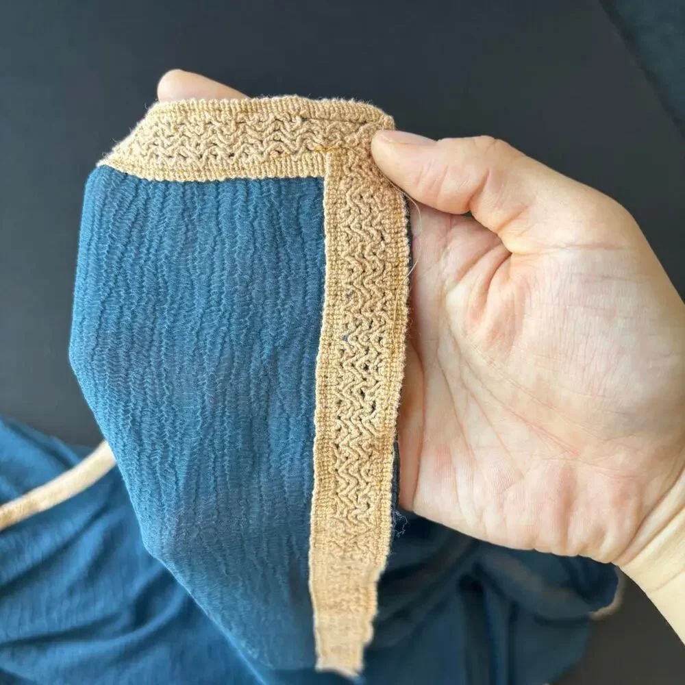 Vintage Boho Sheer Open Knit Scarf Peachy Nude Trim Blue Shawl Wrap